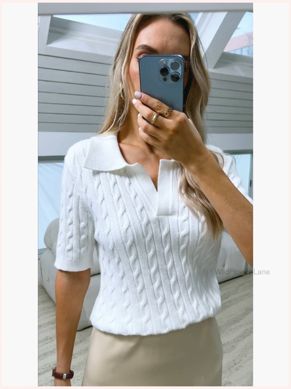 Short Sleeve V-Neck Cable Knit Sweater Top Soft Pullover - Picture 5 of 7